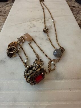 Vintage-Inspired Gold Pendant Necklace with Red Gemstone- Florence, Italy